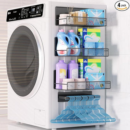 Widen Magnetic Laundry Organizer: Strong Adsorption Magnetic Baskets with Hanger Organizer, Rust Proof Magnetic Shelf for Washing Machine, Heavy Duty Magnetic Spice Rack for Refrigerator(Black)
