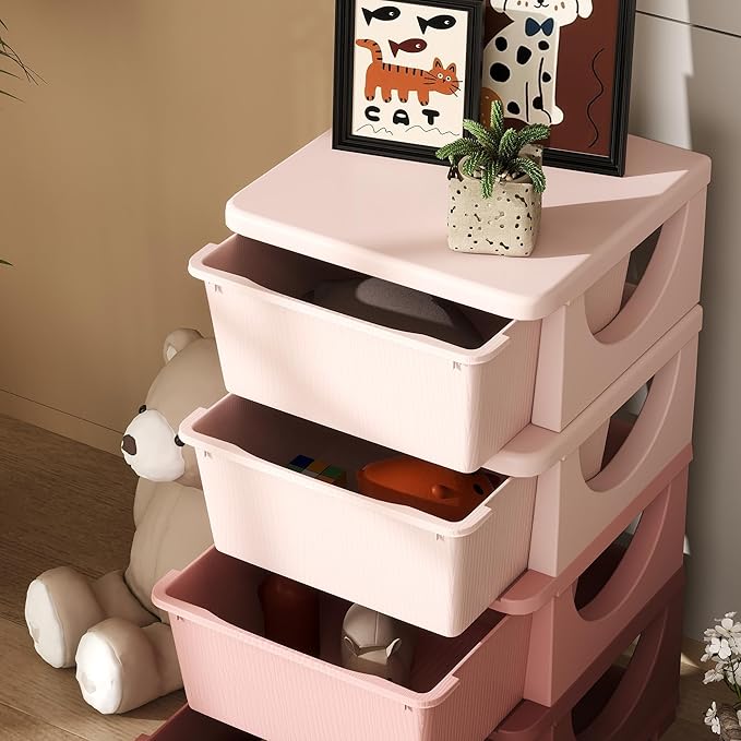 Qaba 4 Tier Kids Storage Unit, Toy Organizers and Storage with 4 Drawer Chest for Kids Bedroom Nursery Kindergarten Living Room for Boys Girls Toddlers, Pink