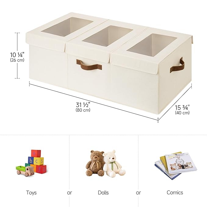 StorageWorks Large Toy Storage Bins with Lids, Collapsible Sturdy Toy Chests, Storage Chests with Dividers for Nursery, Living Room, Playroom, Bedroom, Beige, 2-Pack