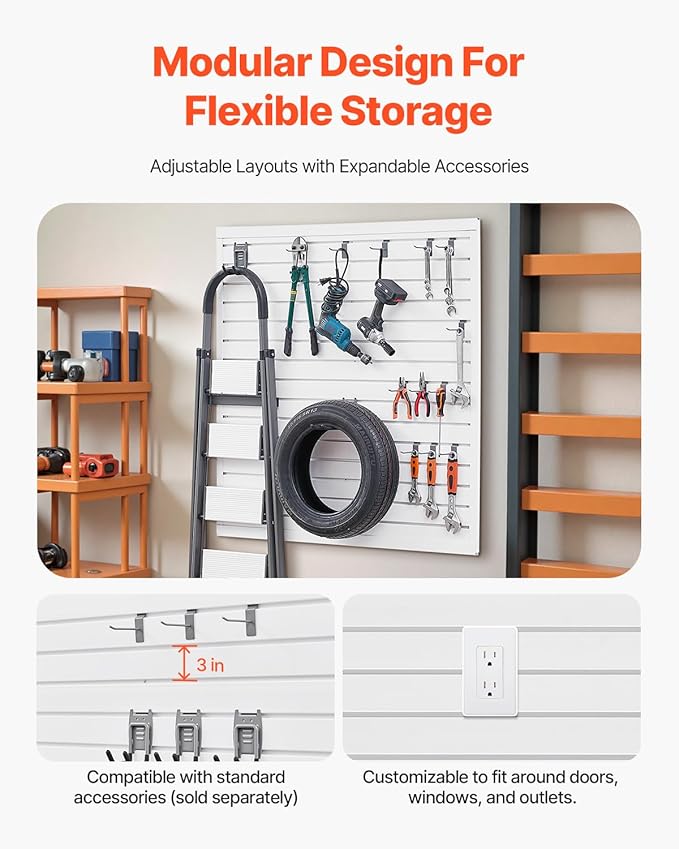 VEVOR Slat Wall Paneling, 4 x 4 ft, PVC Garage Slatwall with Modular Design, White Slat Wall Easy-to-Install Adjustable Slatwall Panel with Coupling Structure & DIY Cutting, Fits for Storage & Display