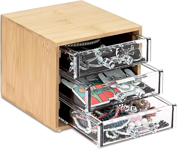 Ikee Design Bamboo Makeup Organizer, Desktop Drawer Organizer with Three Clear Acrylic Drawers, Office Desk Organizer for Lipsticks, Cosmetics, Jewelry, and Accessories for Vanity, Home