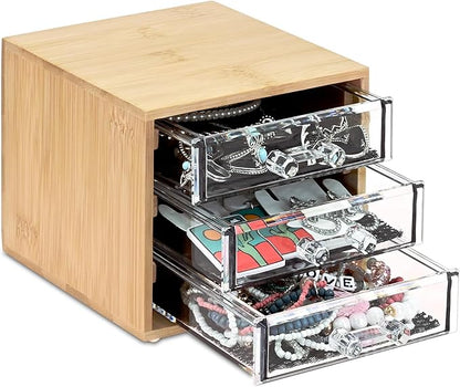 Ikee Design Bamboo Makeup Organizer, Desktop Drawer Organizer with Three Clear Acrylic Drawers, Office Desk Organizer for Lipsticks, Cosmetics, Jewelry, and Accessories for Vanity, Home