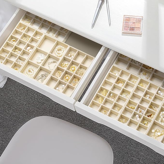 SPAKOWN Jewelry Organizer for Drawer Set of 9, Velvet Jewelry Tray Stackable Jewelry Organizer Display Trays Divided Earring Storage Containers (Beige)