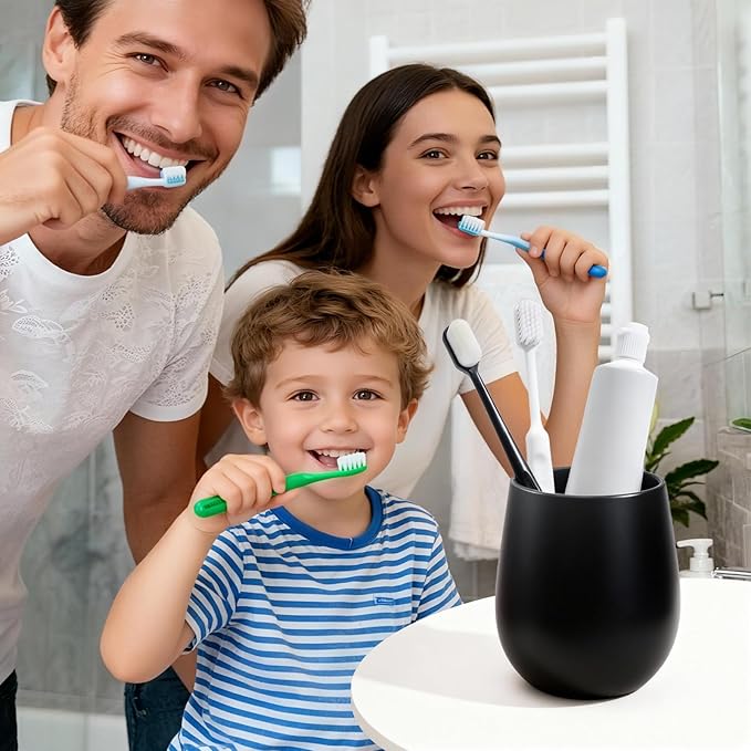 Black Ceramic Toothbrush Holder - 11Oz Small Bathroom Tooth Brushing Holders, Reusable Mouthwash Cup, Toothpaste Holder, Makeup Brush Holder, Pen Holder for Bathroom Countertop, 1PC