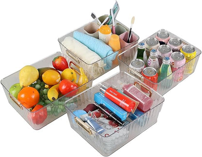 4 Pack Clear Plastic Storage Container Bins for Pantry, Fridge, Shelf, Tabletop, Cabinet