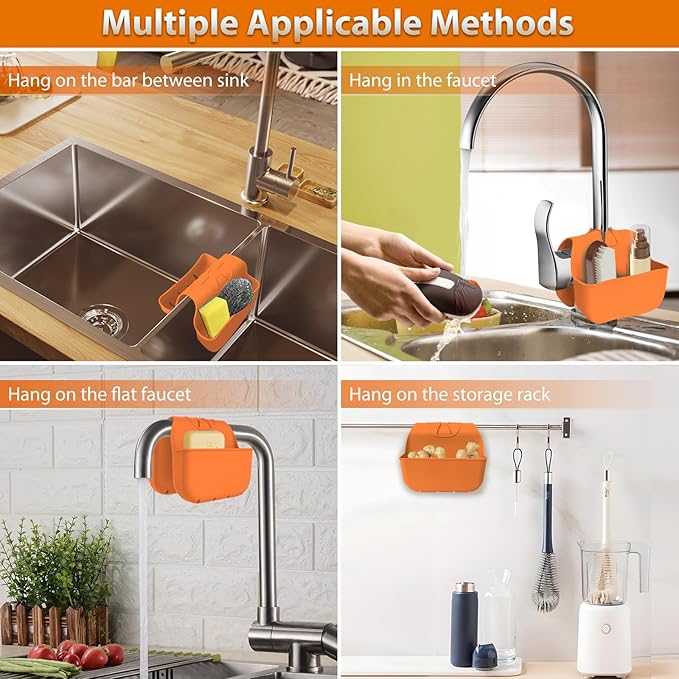 OKeanu Sponge Holder for Kitchen Sink, Silicone Sink Saddle Caddy Organizer Rack, Sponges Holder Over Faucet, Hanging Kitchen Organizer Accessories Rack Basket - Orange