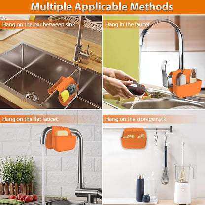 OKeanu Sponge Holder for Kitchen Sink, Silicone Sink Saddle Caddy Organizer Rack, Sponges Holder Over Faucet, Hanging Kitchen Organizer Accessories Rack Basket - Orange