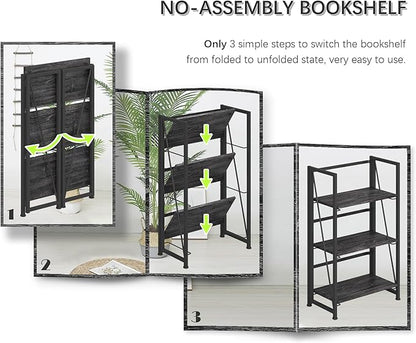 4NM No Assembly Folding Bookshelf Storage Shelves 3 Tiers Vintage Bookcase Standing Racks Study Organizer Home Office (Gray Black)