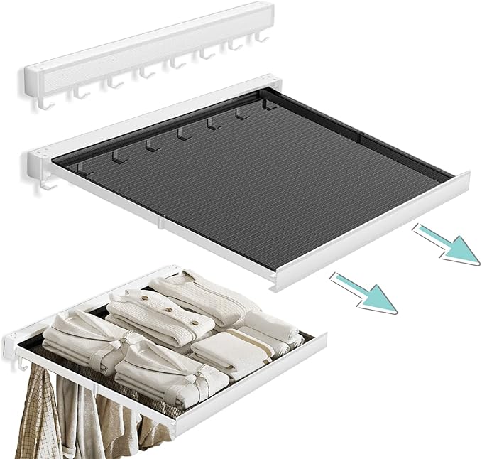 LETINE Wall Mounted Drying Rack: Retractable Indoor Clothes Drying Rack – Aluminum Alloy Frame w/Soft Mesh Surface. Laundry Rack & Temp Shelf for Balcony, Bathroom, Kitchen. Includes 6 Hooks.
