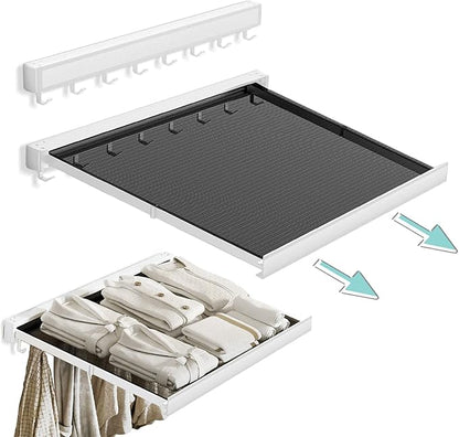 LETINE Wall Mounted Drying Rack: Retractable Indoor Clothes Drying Rack – Aluminum Alloy Frame w/Soft Mesh Surface. Laundry Rack & Temp Shelf for Balcony, Bathroom, Kitchen. Includes 6 Hooks.
