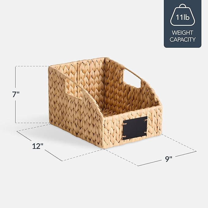Best Choice Products Natural Hyacinth Angled Pantry Storage Baskets, Woven Wicker Storage Bins w/Handles, Storage Container Baskets for Shelves, Chalkboard Label & Marker (Pack of 2) - Natural