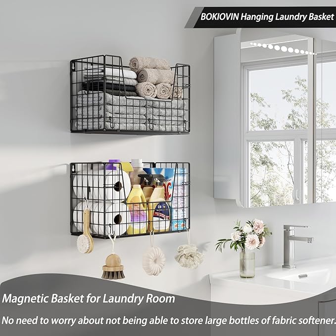 2-Pack Magnetic Laundry Basket Organizer Storage,Magnetic Shelves for Washer Dryer Organizer,Hanging Laundry Basket for Washing Machine(Black)