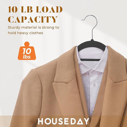 HOUSE DAY Velvet Hangers 20 Pack, Non-Slip Hangers with Tie Bar, Premium Standard Clothes Hanger Slim Felt Hanger 360° Swivel Hook for Closet Organized Storage，Elegance Black 72g/Pc