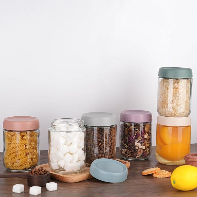 BCnmviku 16oz Glass jars with Airtight Lids, Overnight Oats Containers with Lids, Wide mouth Mason Salad jars, Glass Food Storage Containers for Snacks Yogurt Spice Sugar (6pack-Multicolor-16oz)