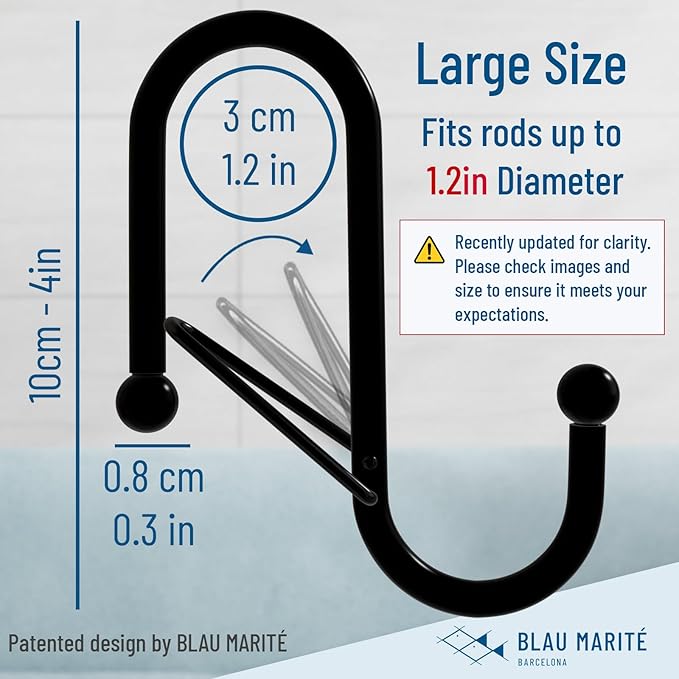 Blau Marité 6 S-Shaped Hooks with Anti-Fall System. Anti Drop S-Shaped Hook with Safety Buckle to Prevent Falls. Heavy Duty. (Black, 4in Long (Diameter Rod<1.2in))