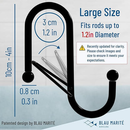 Blau Marité 6 S-Shaped Hooks with Anti-Fall System. Anti Drop S-Shaped Hook with Safety Buckle to Prevent Falls. Heavy Duty. (Black, 4in Long (Diameter Rod<1.2in))