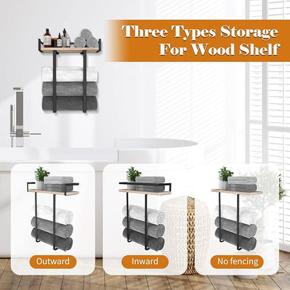 Towel Racks for Bathroom Wall Mounted, Metal Towel Holder with Wooden Shelf for Folding Large Towels, Towel Storage for Small Bathroom Organizer Decor or RV Camping