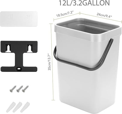 stonespace Hanging Trash Can, 3.2 Gallon/12L Small Waste Bin with Lid for Kitchen Cabinet Door or Under Sink, Bathroom Trash Bin with Lid, Food Waste Bin, 1 Pack White