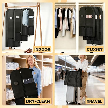 Dress Bags for Gowns 60", Long Garment Bags for Hanging Clothes Travel with Pockets and Zipper, Gusseted Garment Bag for Dress, Shows Dance Costume, Tuxedos, Clothes Protector Suit Cover Bags Black