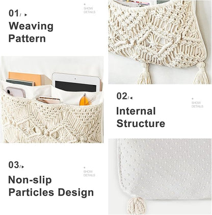 Mkono Macrame Couch Organizer Remote Control Caddy Sofa Armrest Armchair Bedside Storage Holder Bag for TV Remote, Magazine, Books, Cell Phone, iPad, Boho Living Room Home Dorm Decor, Beige, Large