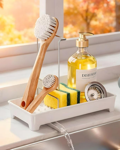 Caumic Minimalist Sink Caddy, Rustproof Sponge Holder for Kitchen Sink with 304 Stainless-Steel Brush Holder, Countertop Rack Organizer with Raised Ridges & Silicone Drain Tube (Cream White)