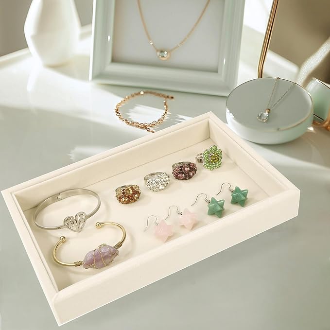 Mornajina 2 Pcs 9" x 5.7" Velvet Jewelry Tray Jewelry Display Tray, Stackable Empty Plate Trays for Earrings Necklaces Bracelet Rings Display Showcase - Light Khaki