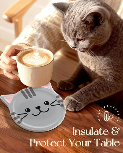 Oqplog Cat Drink Coasters for Desk Coffee Table Set of 6-Funny Ceramic Cup Holder Coaster for Office Home Outdoor Cute Decor Gifts for Women Family