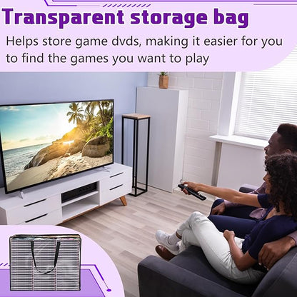 Buryeah 2 Packs Extra Large DVD Storage Bags, Storage Case Holder Organizer Holds up to 360 DVDs Clear Plastic Bags Video with Carrying Handles and Zipper, Media Organizer for Movie VHS(Clear)