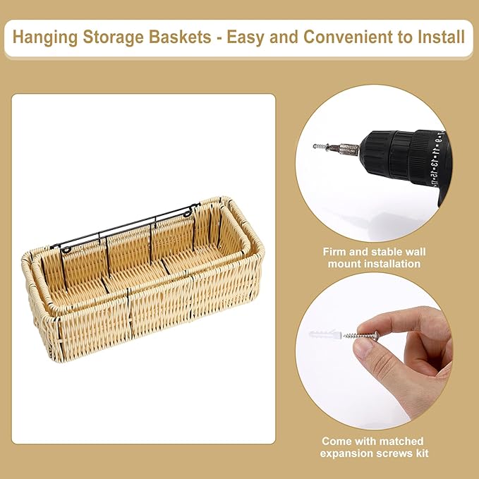 OwnMy Plastic Wicker Hanging Basket for Kitchen, Set of 2 Wall Storage Baskets Hanging Fruit Vegetable Basket for Kitchen Cabinet Pantry Organizing, Bathroom Toilet Paper Storage Baskets Organizers
