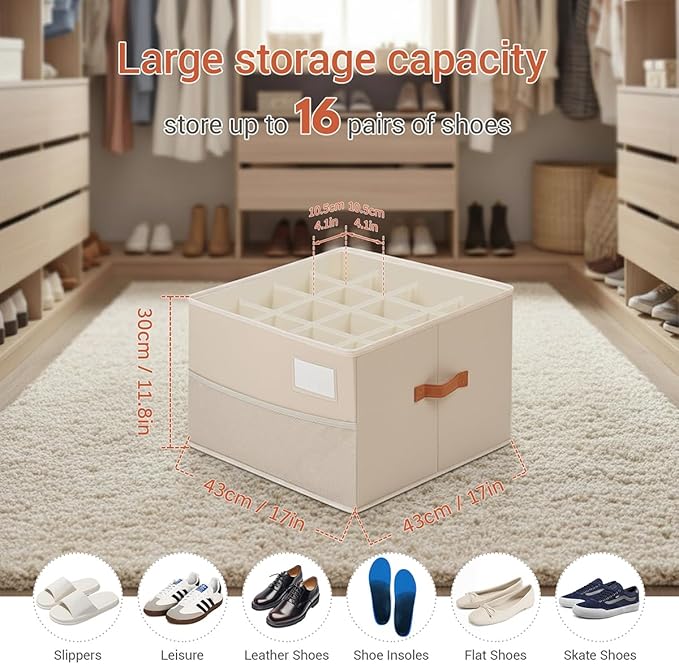 Chewlish Shoe Organizer for Closet, Foldable Shoe Storage Organizer Containers with Clear Cover, Space Saving Shoes Holder with Handles, Beige (1, L)