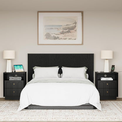 FORTUNETEC Nightstand with Charging Station, Modern Nightstand with Arched Design, Minimalist End Table with Wood Grain Texture, Bedside Table for Bedroom Living Room Sofa Office, Black