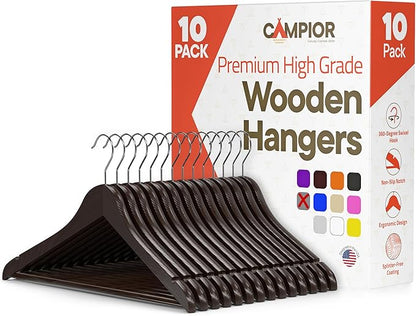 Brown Wooden Hangers 10 Pack – Heavy-Duty with 360° Swivel Hook, Non-Slip, Pants Bar & Shoulder Grooves - Wooden Hangers for Suits, Jackets, Dresses & Camisoles, Space-Saving and Smooth Finish