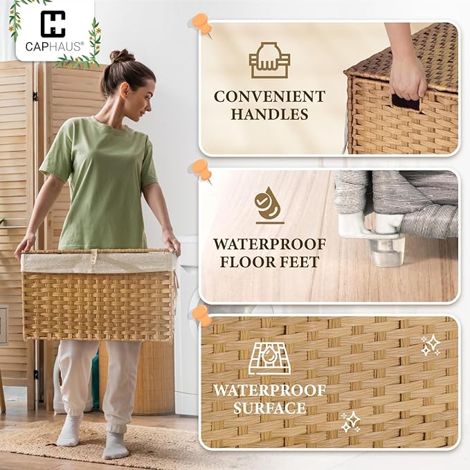 CAPHAUS Laundry Basket with Lid & Handles, Foldable Clothes Hamper, Large 65L Synthetic Rattan Storage Bin with 2 Removable Liner Bags, Collapsible Laundry Hamper, Brown