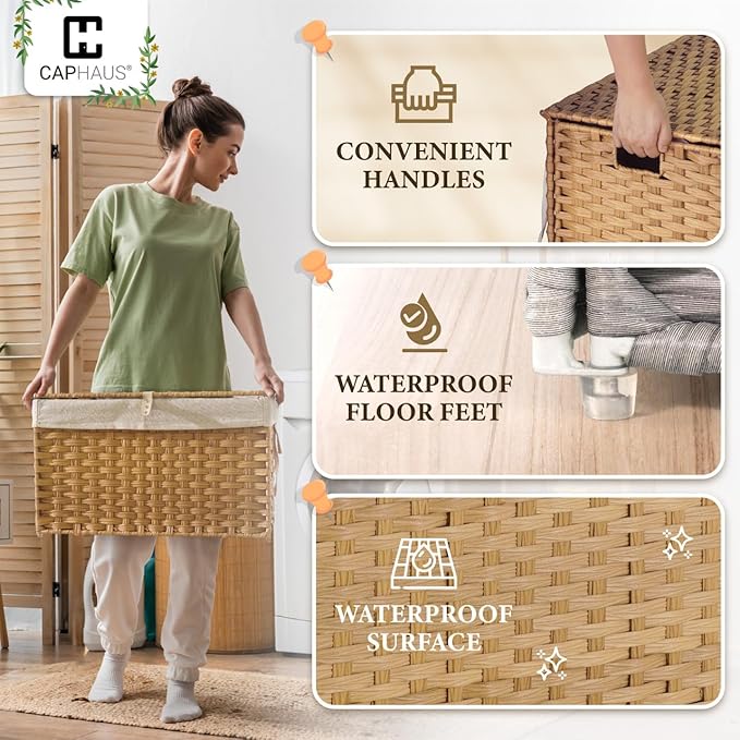 CAPHAUS Handwoven Storage Basket w/Lid and Handles, 2 Removable Liner Bags, Foldable Clothes Basket for Laundry, Large Synthetic Rattan Laundry Basket w/Lid, Laundry Basket w/Lid, 105L, Grey