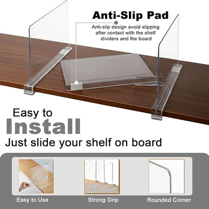 HIGH & SKY 8 Pack Acrylic Shelf Dividers for Closet Organization – Clear Adjustable Closet Shelf Separators for Clothes, Handbags & Towels – Durable Acrylic Shelf Dividers for Neat Shelves & Storage