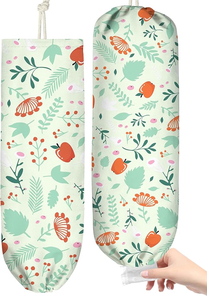 Plastic Bag Holder, Grocery Bag Organizer - 1 Pack Cute Kitchen Dispenser Holders Reusable Shopping Western Hanging Wall with Adjustment Drawstring Closure for Women Home, Green