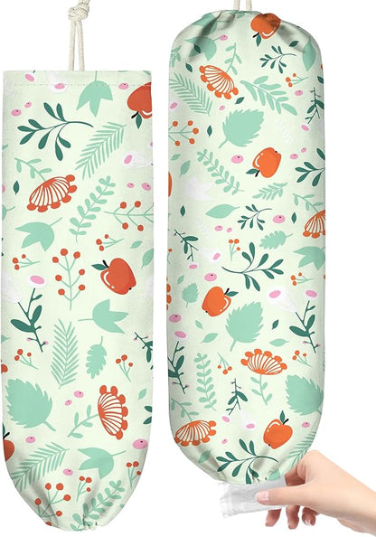 Plastic Bag Holder, Grocery Bag Organizer - 1 Pack Cute Kitchen Dispenser Holders Reusable Shopping Western Hanging Wall with Adjustment Drawstring Closure for Women Home, Green