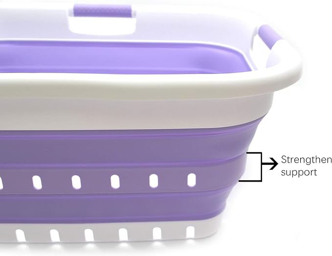 SAMMART 41L (10.8 gallon) Set of 2 Collapsible 3 Handled Plastic Laundry Basket-Foldable Pop Up Storage Container/Organizer-Space Saving Hamper/Basket (2, White/Lt. Purple)