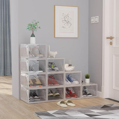 AWTATOS Shoe Boxes, 10 Pack Shoe Storage Organizers, Plastic Stackable Shoe Rack, Sneaker Containers, Toy Storage Bins for Entryway, Closet, Under Bed, Clear