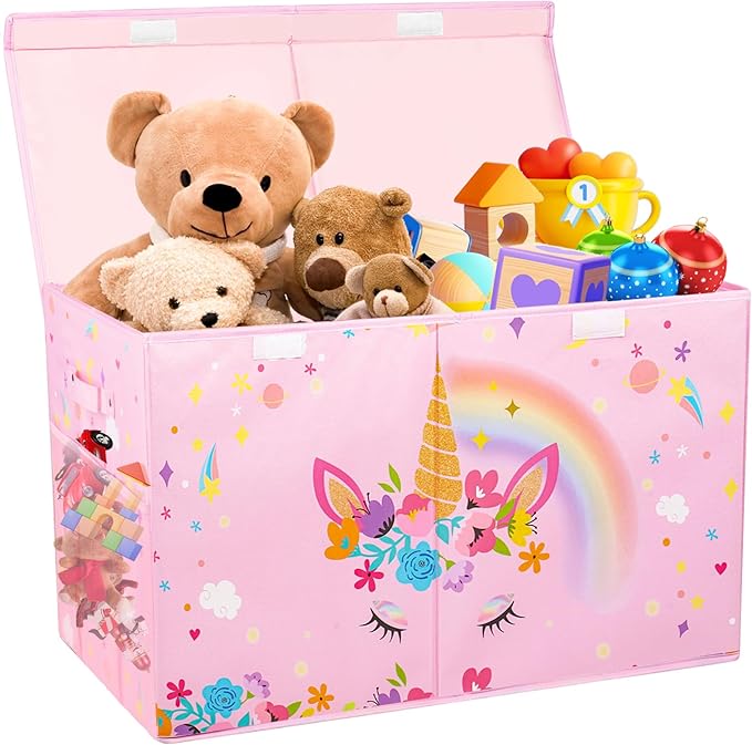 Large Toy Box, Collapsible Sturdy Kids Storage Organizer for Boys Girls, 25"x13"x16" Storage Box with Lids, Toy Chest Bins Basket for Living Room, Playroom, Nursery, Pink