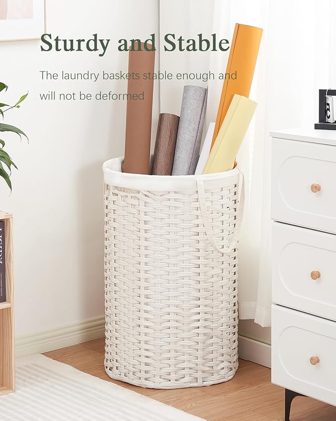 34.3 Gal (130 L) Large Laundry Hamper Laundry Basket Round Handwoven Wicker Laundry Baskets Rattan Laundry Basket with Removable Bag Handles 2 Mesh Bags for Living Room Bedroom White (No Lid)