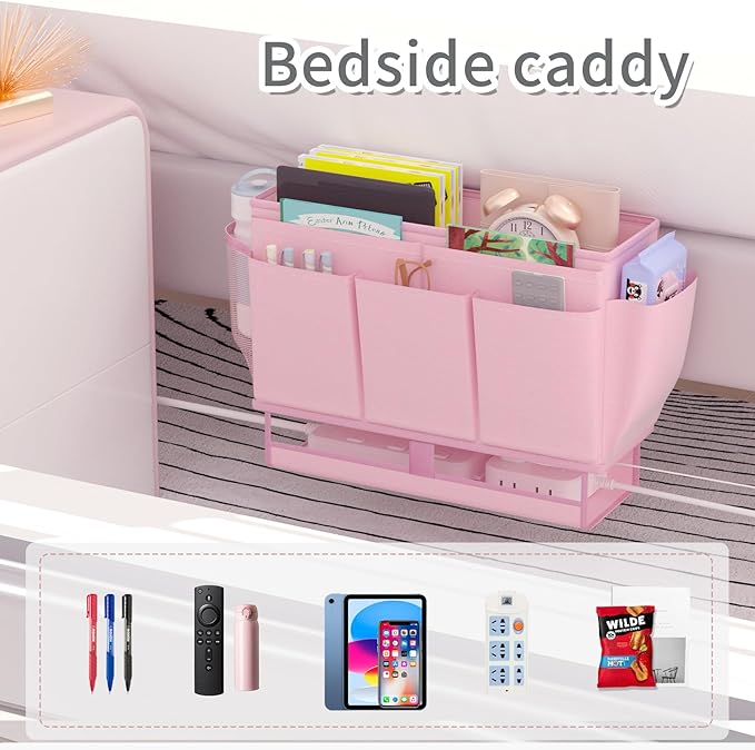 Frjjthchy Bedside Caddy Bedside Organizer,Bed Caddy with 11 Pockets and Power Strip Holder,Versatile Bedside Storage Caddy for Home,Dorm,Bunk,Hospital,Crib Bed (Pink)