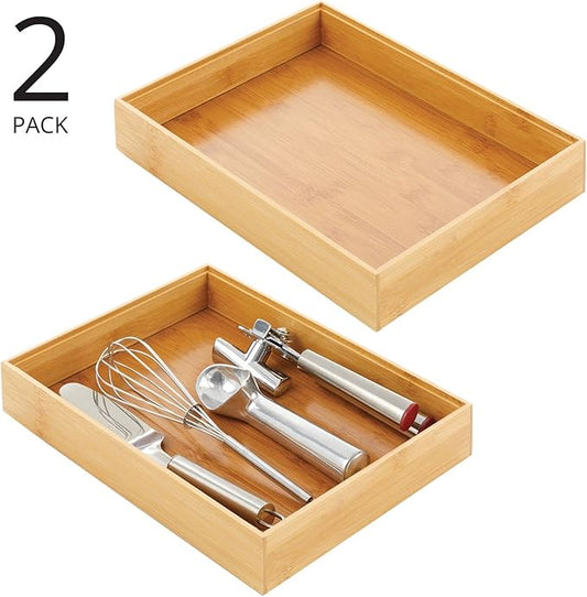 mDesign Bamboo Wood Stackable Drawer Organizer Bin Box for Kitchen; Holds Silverware, Cutlery, Utensils - Echo Collection - 2 Pack - Natural