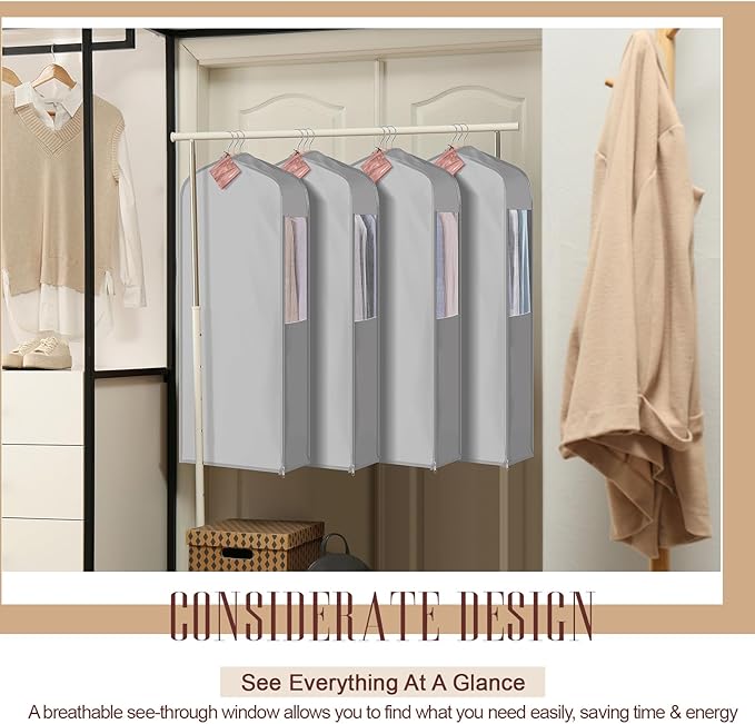 2 Set 40in Short Cotton Garment Bags, 6in Wide Gusset Hanging Storage Clothes with 8 Cedar Blocks, Transparent Mesh Window, Breathable Closet Bags for Fur Coat Suit Sweater Dress, Gray