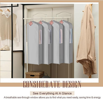2 Set 40in Short Cotton Garment Bags, 6in Wide Gusset Hanging Storage Clothes with 8 Cedar Blocks, Transparent Mesh Window, Breathable Closet Bags for Fur Coat Suit Sweater Dress, Gray