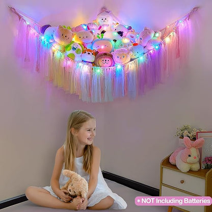 FIOBEE Stuffed Animals Net or Hammock with LED Light, Toy Hammock Hanging Stuffed Animals Storage Organizer Holder Room Décor for Nursery Kids Bedroom