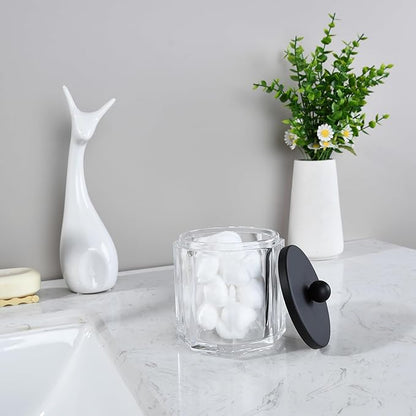 Indecor Home Clear Transparent Apothecary Octagional Shaped Glass Canister Jar With Matte Black Metal Lid Cover for Bathroom Organization, Cotton Balls, Q Tips, and Small Accessories, Bath Storage