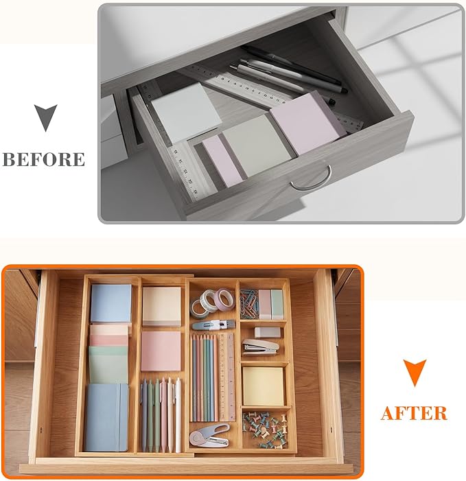 1 Pcs Bamboo Desk Drawer Organizer 2 Inch Height Expandable Drawer Organizer Trays with 7 Adjustable Compartments Desk Accessories for Makeup Silverware Office Bathroom(Wood)
