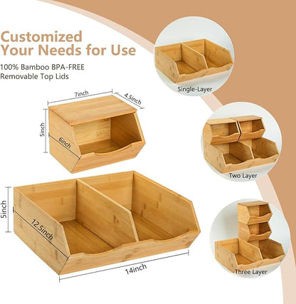 Bamboo Pantry Storage Bins with Lid - Stackable Baskets, Potato and Onion Storage, Wood Storage Bins for Pantry Baskets Organization and Storage, Kitchen Essential, Set 3 Pieces