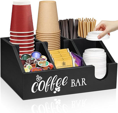 Rustic Coffee Bar Organizer - Wooden Coffee Pod Holder & Cup Storage Basket for Counter - K-Cup Sugar & Tea Condiment Organizer